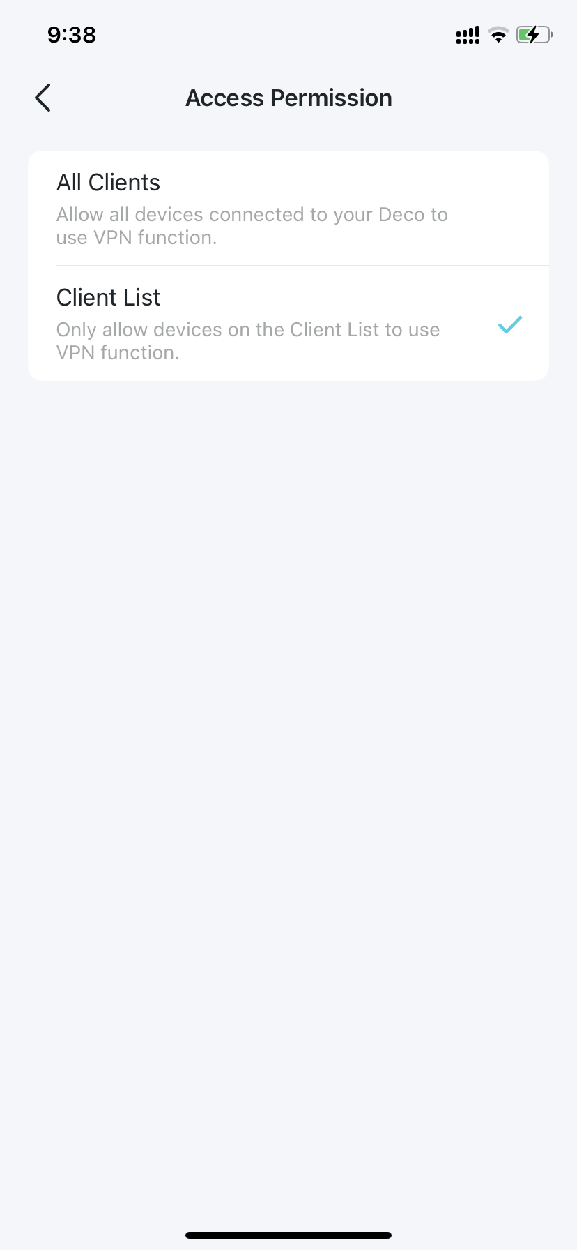 Deco app screens showing the Access Permission with all clients and client list option.