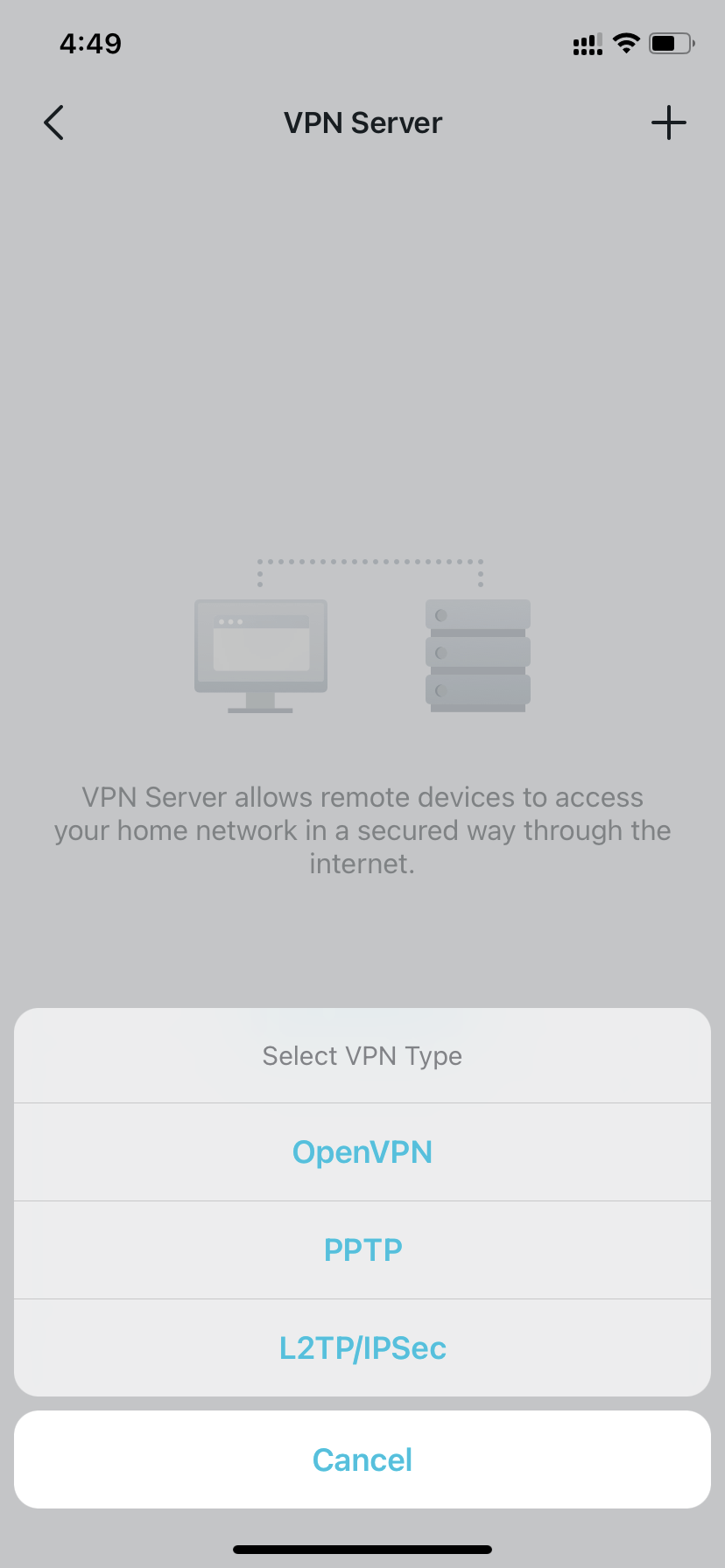 Deco app screens showing the VPN type selection menu and the Add OpenVPN configuration form.