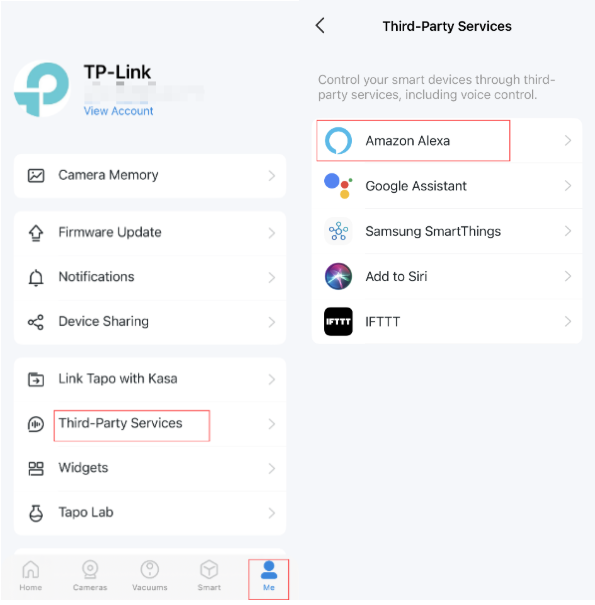 Find Amazon Alexa via Me entrance.