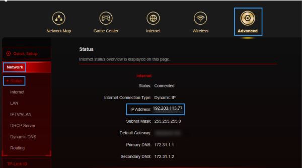 Advanced Network Status page showing WAN IP Address 192.203.115.77.