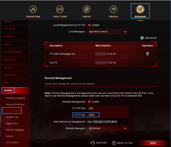 Advanced System Tools Administration page with HTTP Port set to 8080.