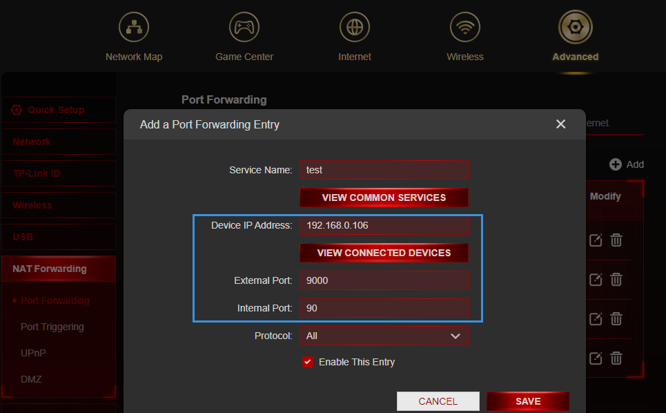 Virtual Server configuration screen showing External Port 9001, IP Address 192.168.0.106, Internal Port 90.