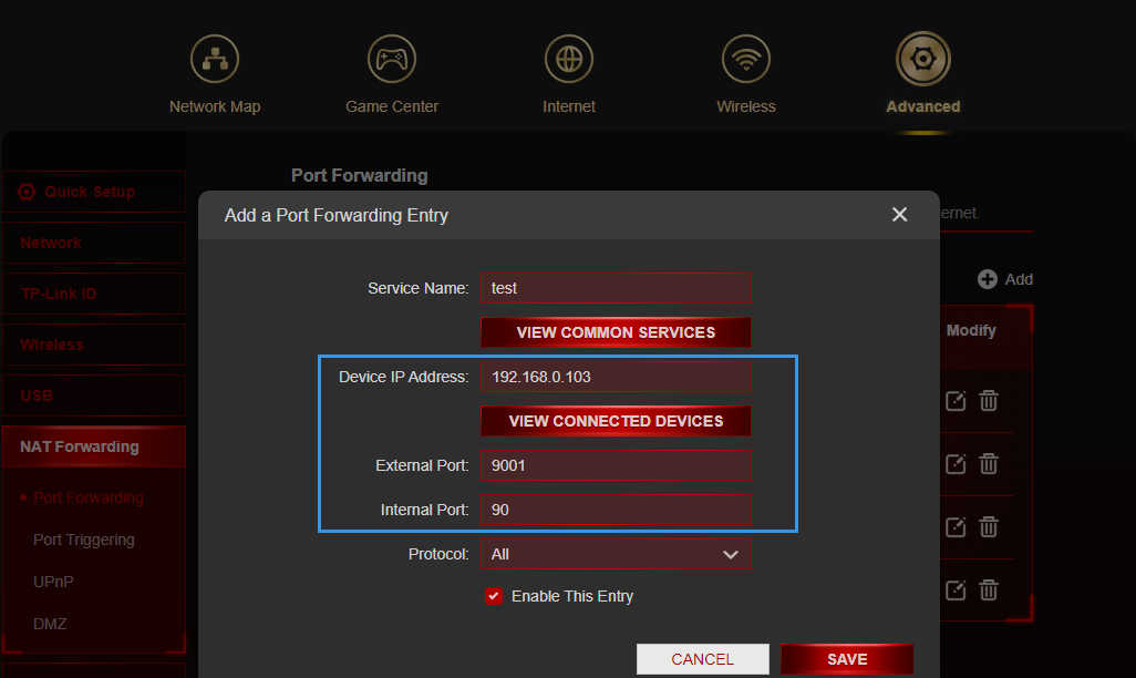 Virtual Server configuration screen showing External Port 9001, IP Address 192.168.0.103, Internal Port 90.
