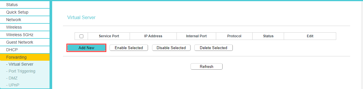 Virtual Server list page showing the Forwarding menu highlighted and the Add New button.