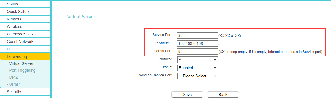 Virtual Server configuration screen filled in with Service Port 90, IP Address 192.168.0.106, Internal Port 90, Protocol ALL, Status Enabled.
