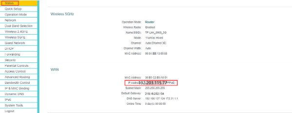 Status page showing the WAN IP Address highlighted as 192.203.115.77.