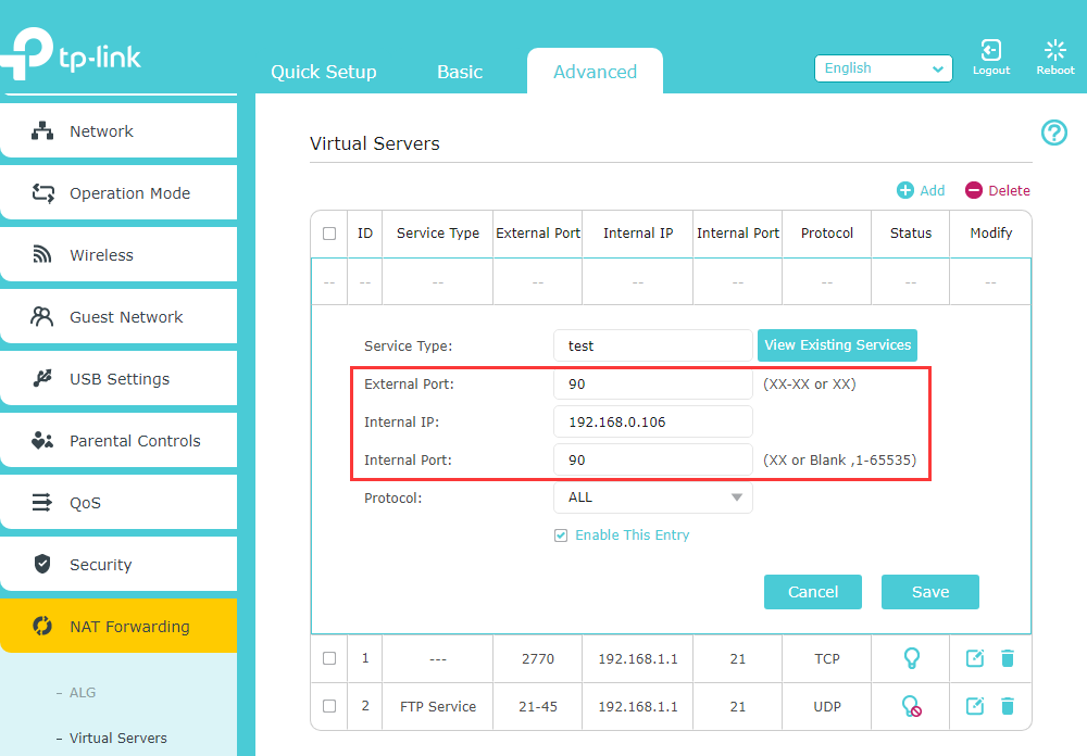 Virtual Servers configuration screen filled in with External Port 90, Internal IP 192.168.0.106, Internal Port 90, Protocol ALL, Enable This Entry checked.