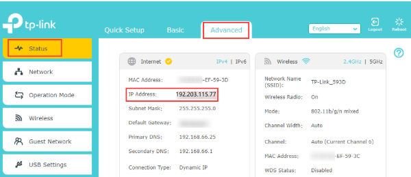 Advanced Status page showing WAN IP Address 192.203.115.77.