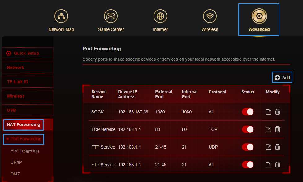 Port Forwarding list page with the Add button visible.