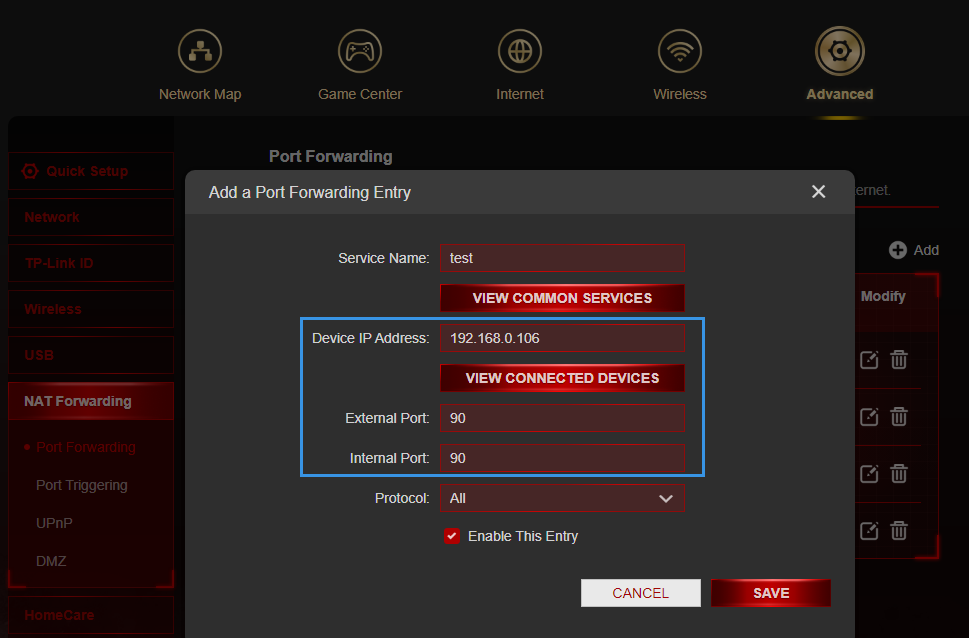 Add a Port Forwarding Entry dialog filled in with Device IP Address 192.168.0.106, External Port 90, Internal Port 90, Protocol All, Enable This Entry checked.