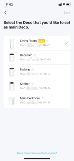 Screenshot of the "Select the Deco that you'd like to set as main Deco" screen listing available units.