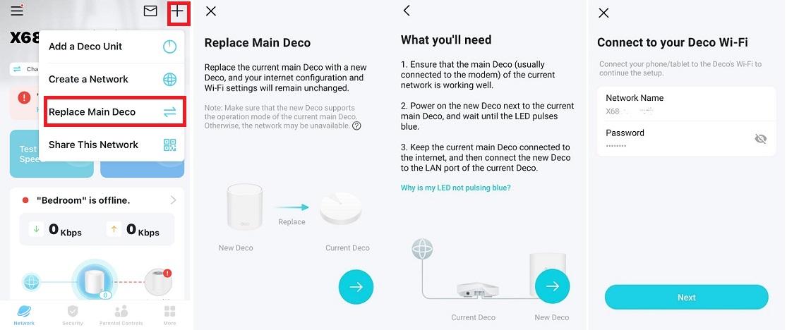 Four-panel screenshot showing the Replace Main Deco flow in the Deco app, including the menu selection, "What you'll need" screen, and the "Connect to your Deco Wi-Fi" screen.