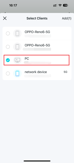 Screenshots showing the Select Clients screen with a device selected and checked.