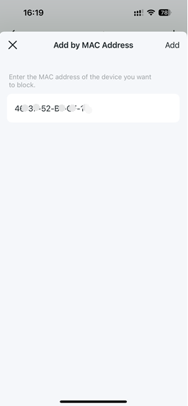 Screenshots showing the MAC address entry field screen.