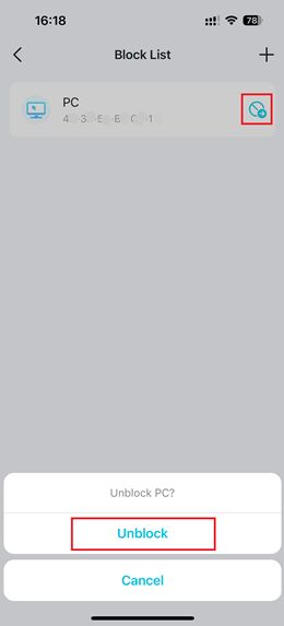 Screenshot showing a device listed in the Block List with the block icon to its right. This is the unblock screenshot in Current Content under Case 1's unblock section.