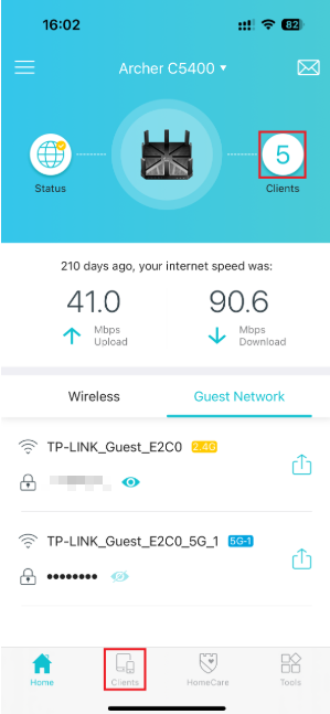 Screenshots showing the router home screen with the Clients tab highlighted.