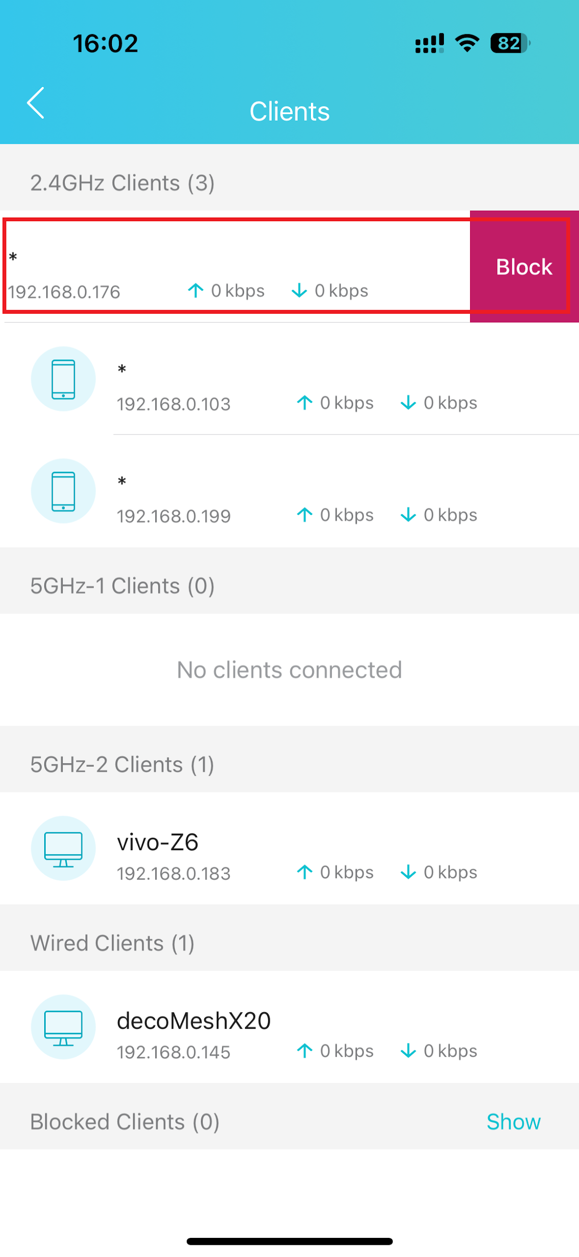 Screenshots showing a device in the Clients list with the red "Block" button revealed after swiping left.
