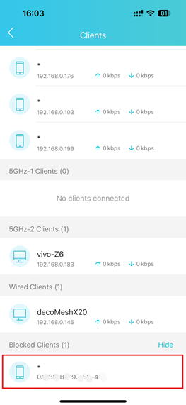 Screenshots showing the updated Clients list with the device now in the Blocked Clients section.