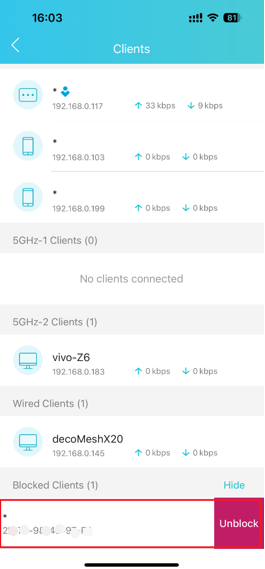 Screenshots showing the Blocked Clients list with the "Unblock" button revealed after swiping left.