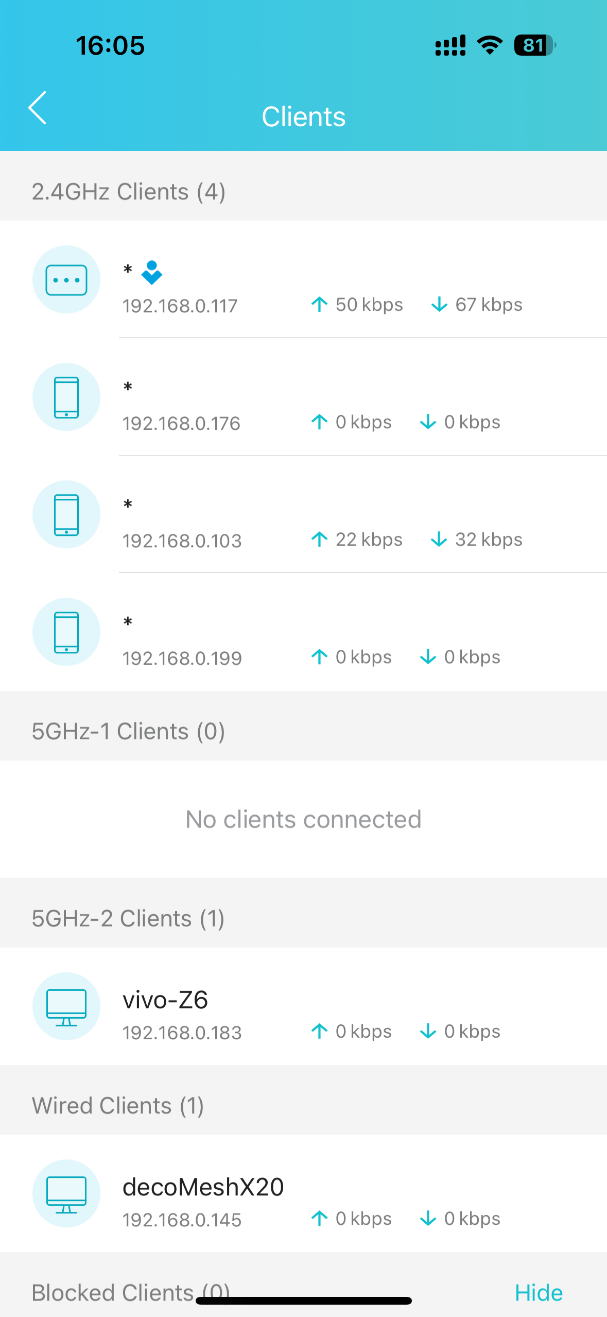 Screenshots showing the Clients list with the device restored and Blocked Clients showing zero.