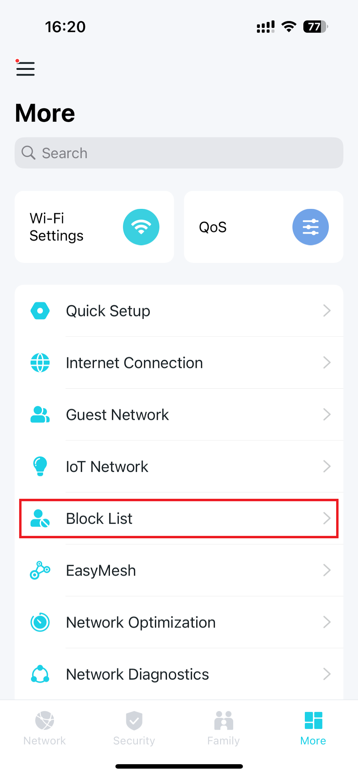 Screenshots showing the More menu with Block List highlighted.