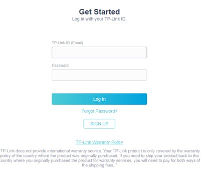The "Get Started" login screen for the TP-Link Product Registration System, showing the TP-Link ID email field, password field, Log In button, Forgot Password link, and Sign Up button.