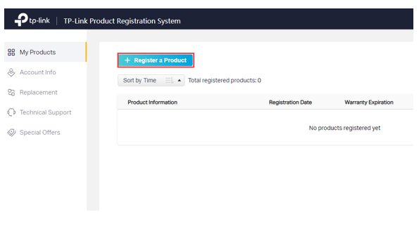 The TP-Link Product Registration System dashboard showing the "+ Register a Product" button, with columns for Product Information, Registration Date, and Warranty Expiration, and a "No products registered yet" message.