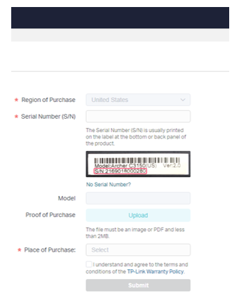 The registration form showing fields for Region of Purchase, Serial Number (S/N) with a barcode label example, No Serial Number link, Model, Proof of Purchase upload button, Place of Purchase, warranty policy checkbox, and Submit button.