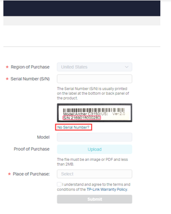 The registration form with the "No Serial Number?" link highlighted, showing the same form fields as above.