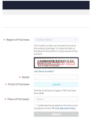 The updated registration form showing fields for Region of Purchase, Model, Proof of Purchase upload, Place of Purchase, warranty policy checkbox, and Submit button, with "Has Serial Number?" link visible.