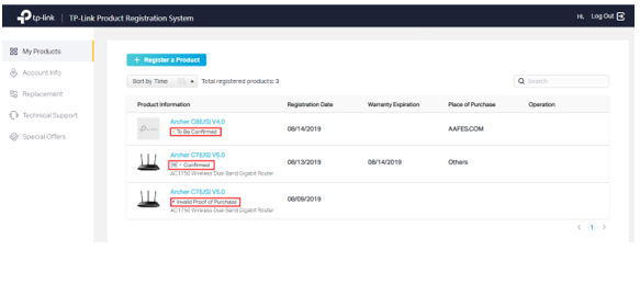 The My Products dashboard showing three registered Archer router products with their registration dates, warranty expiration dates, place of purchase, and status labels.