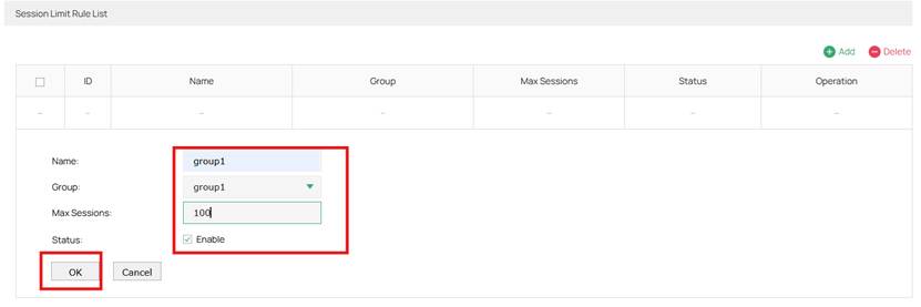 Creating a Session Limit Rule to limit the max session in the IP Group specified.