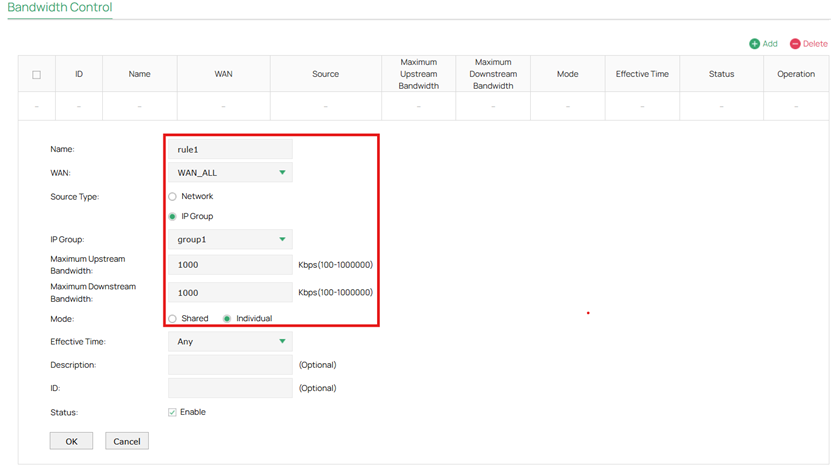 Bandwidth control rule that is enabled for that IP group.