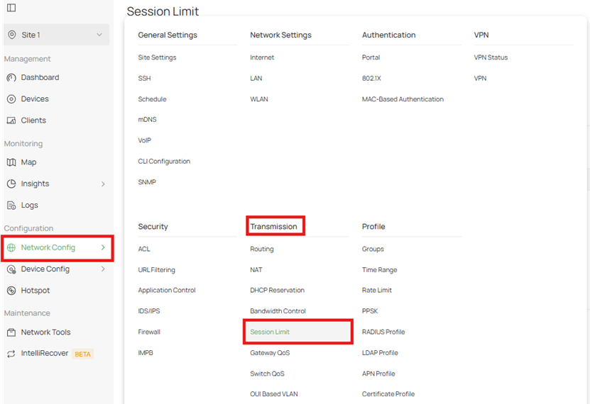 Navigate to Session Limit on Omada.