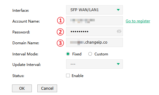 The configurations of Dynamic DNS, including Service Provider/Status/Interface, and so on. Here, configure your username and password.