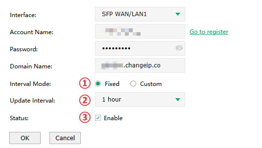 The configurations of Dynamic DNS, including Status/Interface and so on. Here, configure interval mode and update interval.