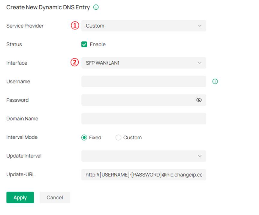 The configurations of Dynamic DNS, including Service Provider/Status/Interface and so on.