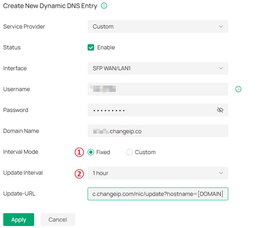 The configurations of Dynamic DNS, including Service Provider/Status/Interface and so on. Here, configure interval mode and update interval.