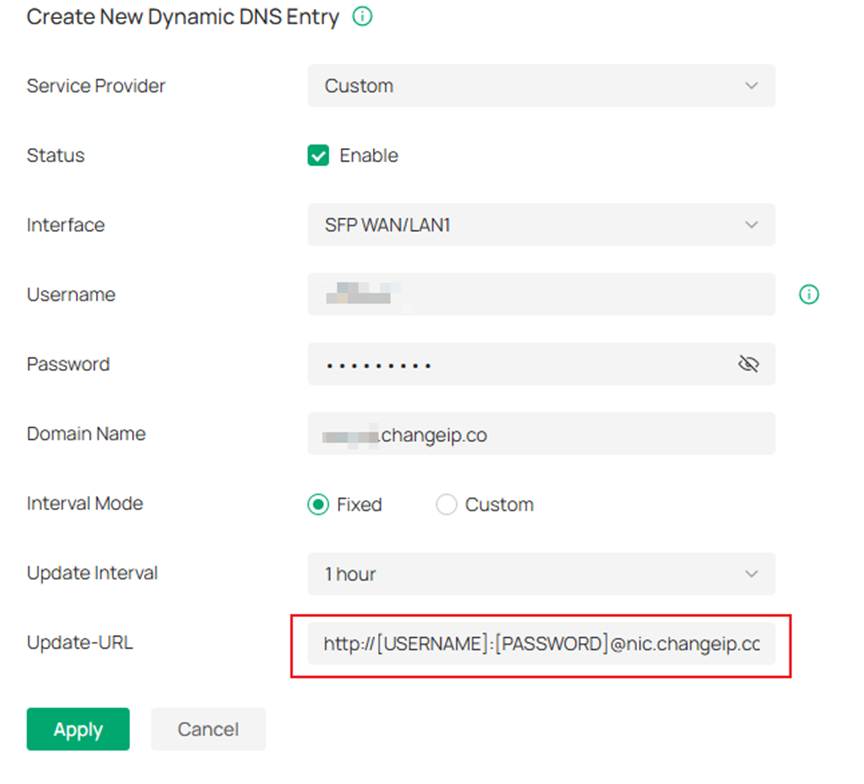 The configurations of Dynamic DNS, including Service Provider/Status/Interface and so on. Here configure update-URL.