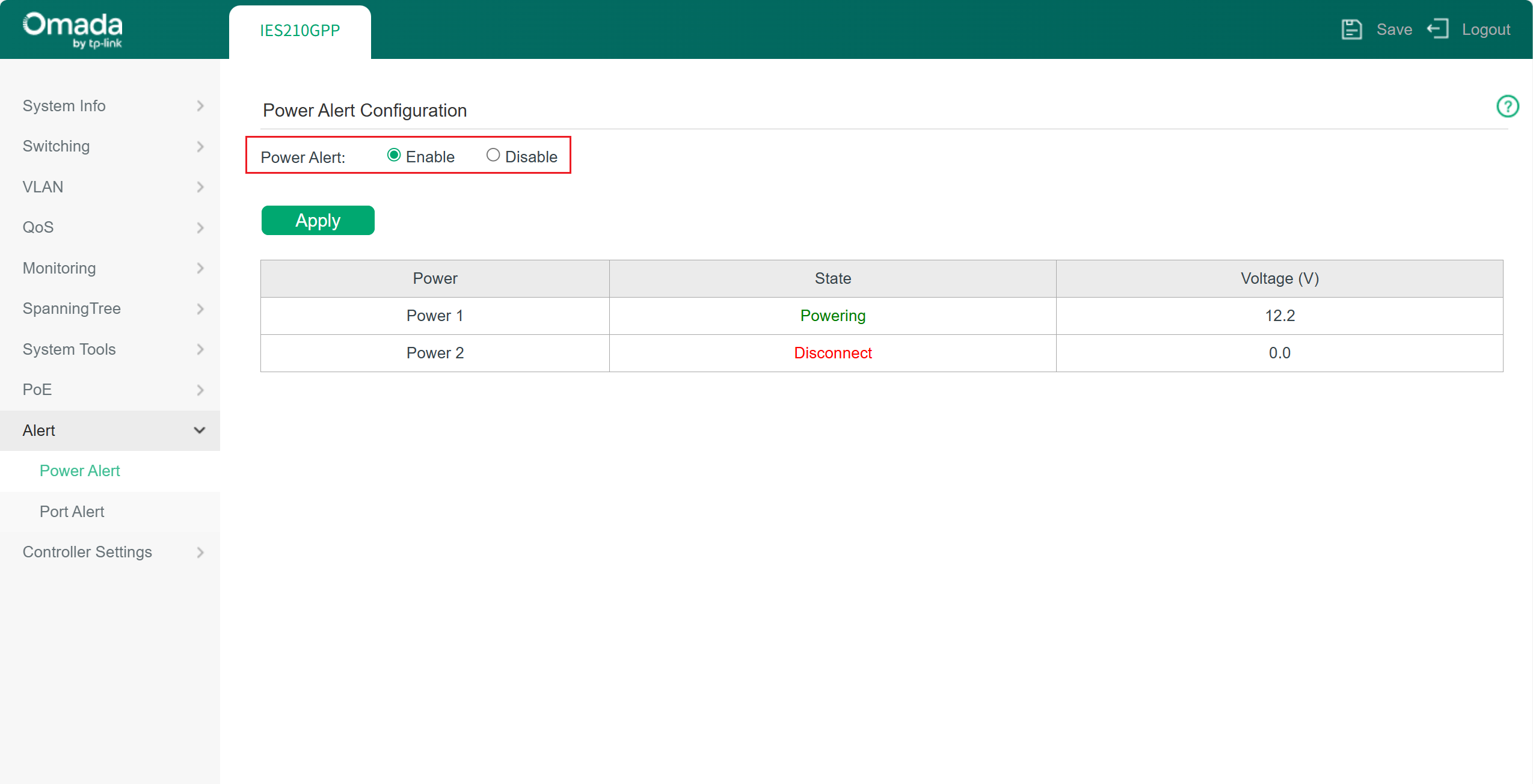 Power alert section on webpage interface of industrial switch.