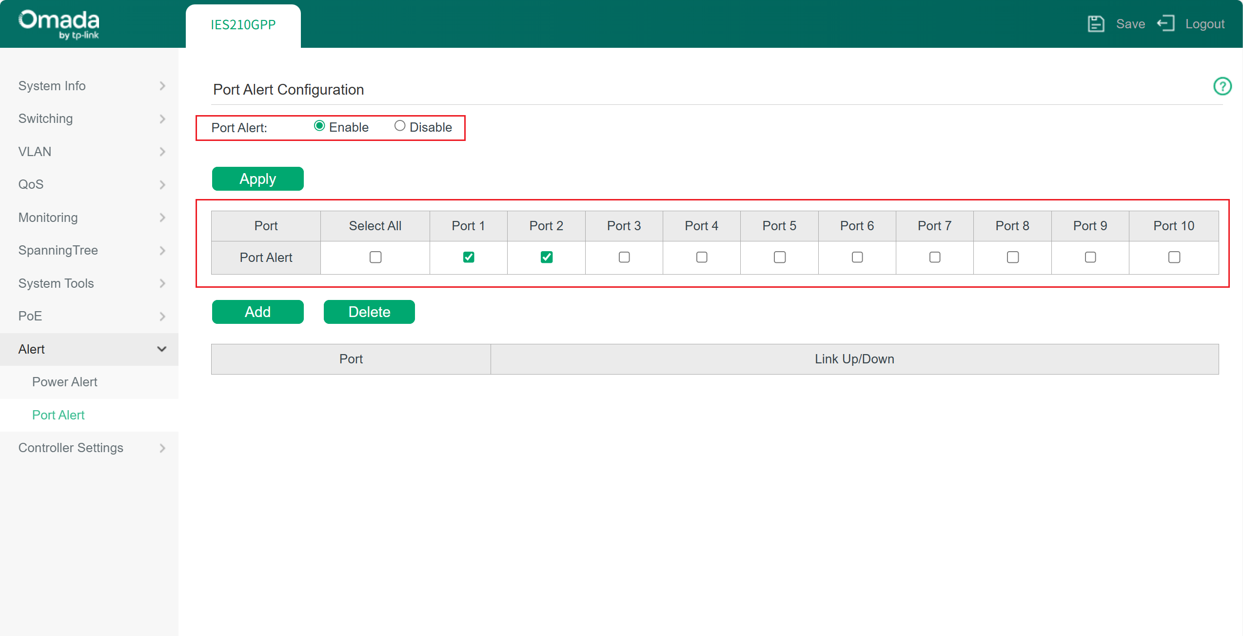 Port alert section on webpage interface of industrial switch.