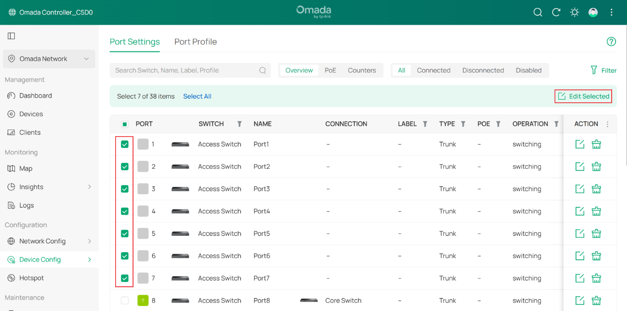 Select all client ports and edit them in bulk.