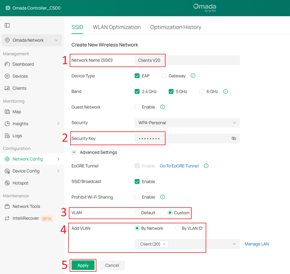 Setting VLAN of SSID for clients as Client Network (VLAN 20).