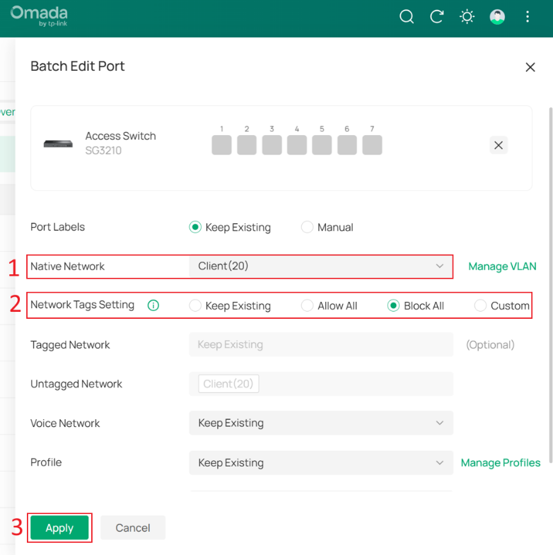 Set the client ports to allow only Client Network traffic.