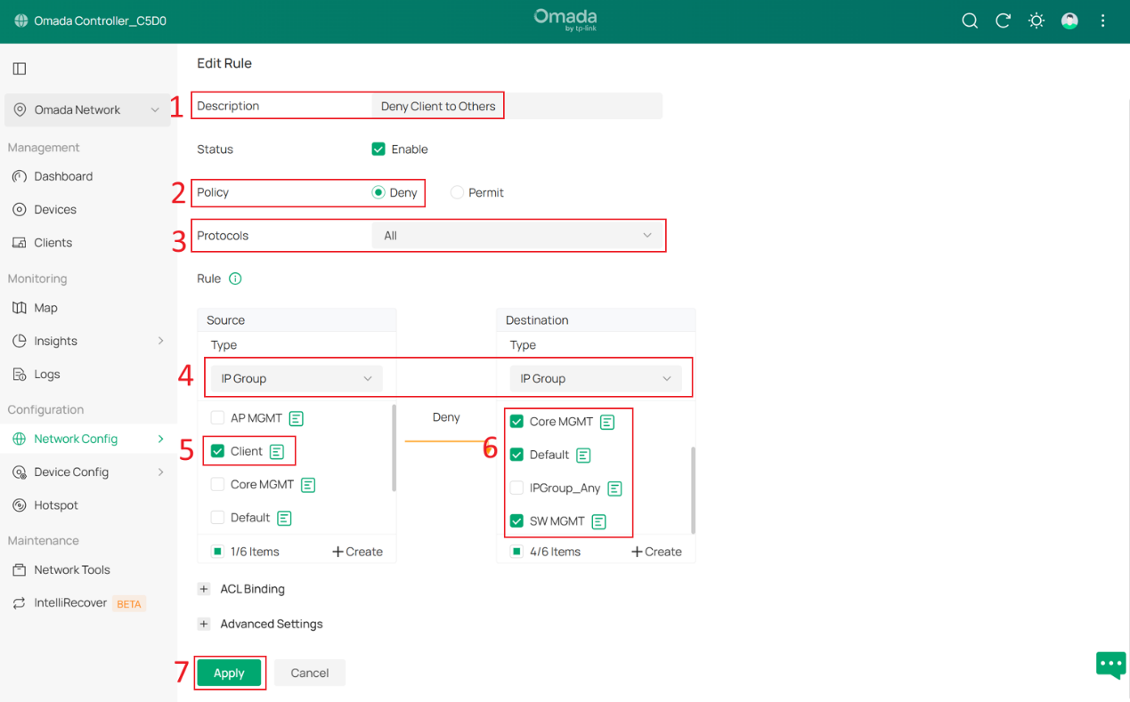 Setting new ACL rule to prevent clients from accessing Omada devices.