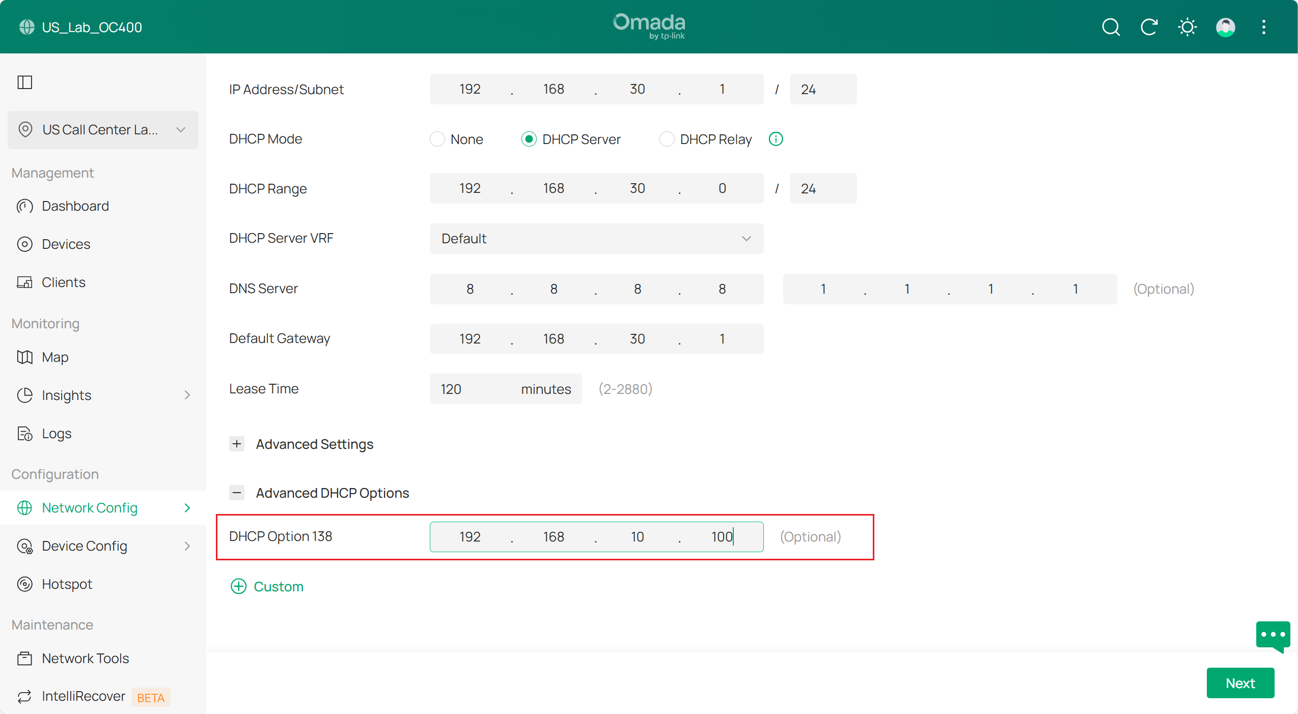 Setting DHCP Option 138.