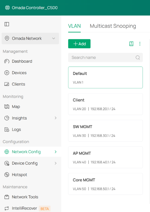 Client Network, SW MGMT Network, AP MGMT Network and Core MGMT Network have been configured.