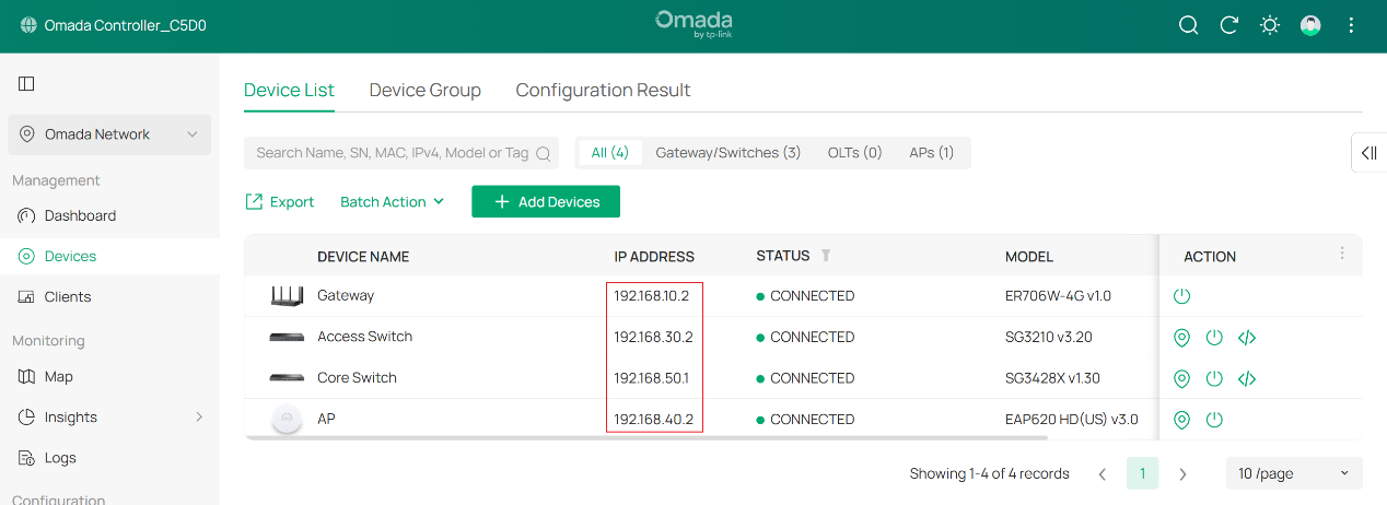 Each type of network device is assigned to its own dedicated Management VLAN.