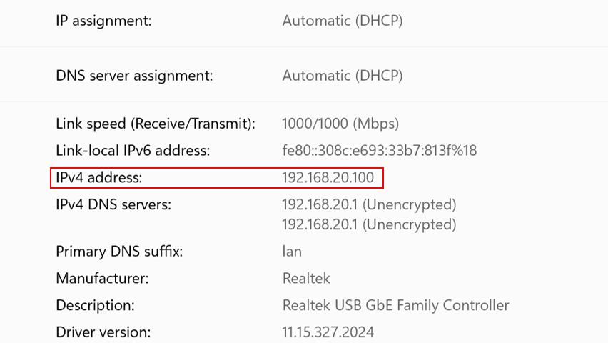 The IP address of wired client obtained.