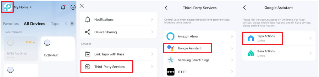 A screenshot showing the Me button in the top left corner and path to Third-Party Services > Google Assistant > Tapo Actions (Unlinked) and Kasa Actions (Linked).